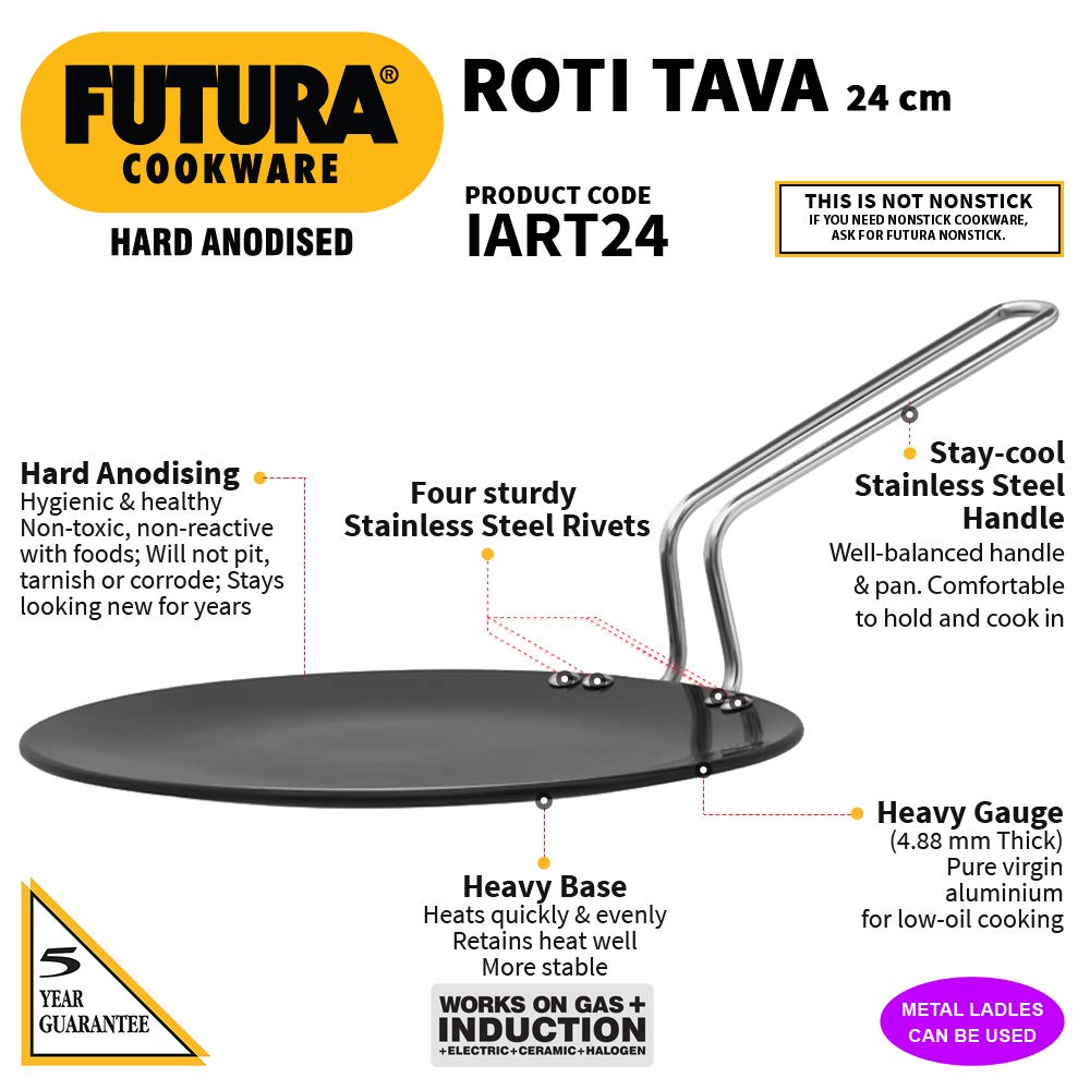 Hawkins Futura 24 cm Roti Tava, Hard Anodised Tawa, Induction Tawa, Black (IART24) 24 cm Hard Anodised Roti Tava