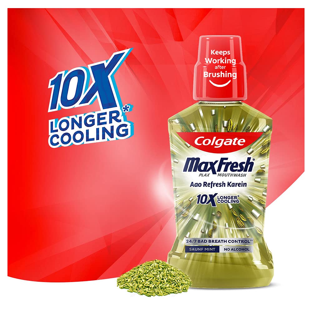 Colgate Maxfresh Plax Antibacterial Mouthwash (Saunf), Removes 99% Germs with CPC, 24/7 Fresh Breath, 0% Alcohol - 250ml
