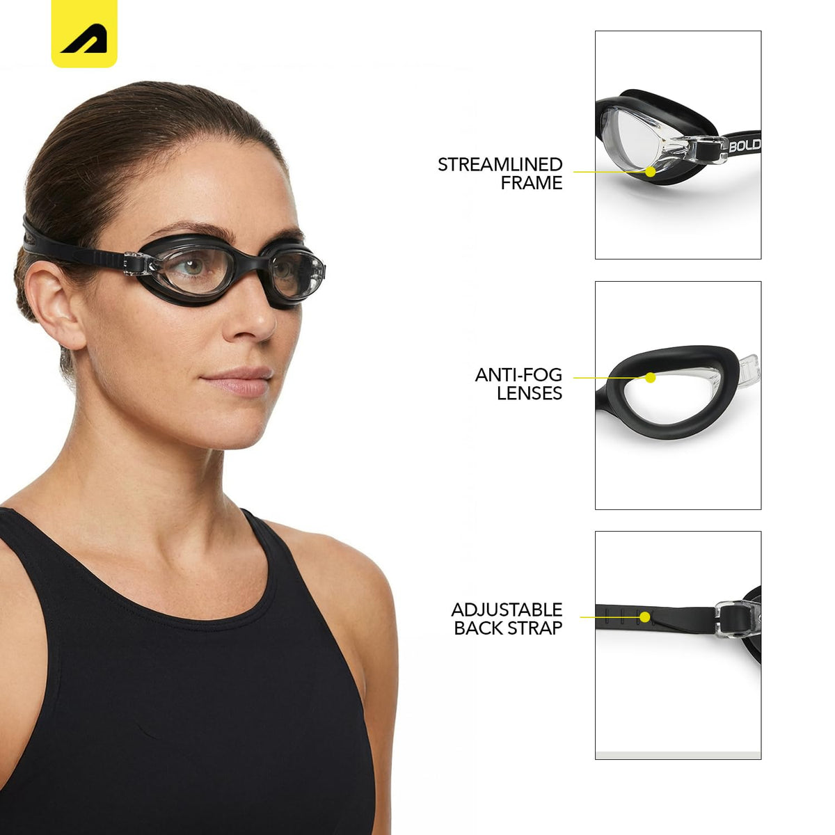 Boldfit Swimming Goggles for Men & Women with Adjustable Strap, Air Tight, for Adults - Classic Black