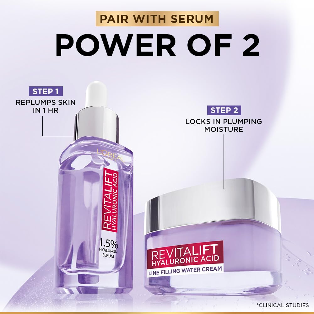 L'Oréal Paris Hyaluronic Acid Line Filling Water Cream, Moisturiser, Hyaluronic Acid for Hydration, Replumps Skin, Ceramides for Skin Barrier Repair, Reduces Fine Lines, 50ml