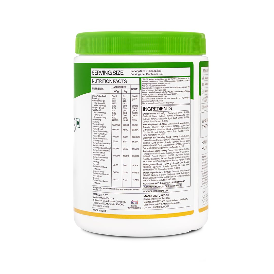 OZiva Superfood Greens & Herbs for Acne Control, Skin Health & Digestion | Daily Greens and 35+ Superfoods, Herbs, Chlorella & Moringa, 200 g Superfood Greens &