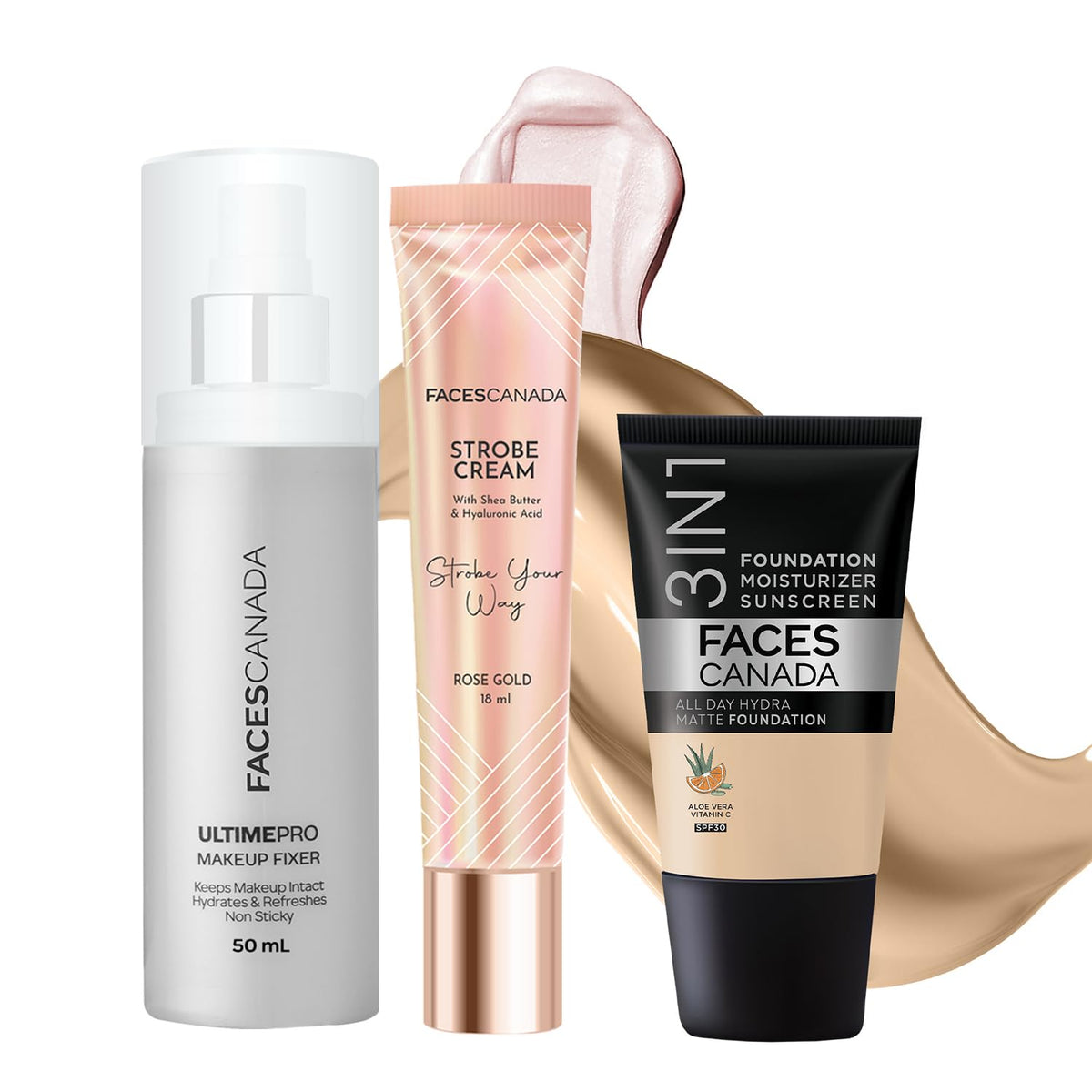 FACES CANADA Always On Glow Combo - All Day Hydra Matte Foundation - Absolute Ivory 012 (18 ml) + Strobe Cream - Rose Gold (18 ml) + Ultime Pro Makeup Fixer (50