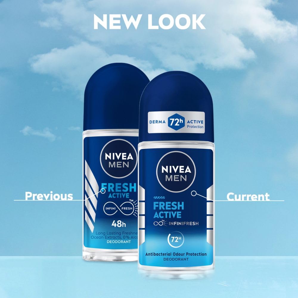 NIVEA MEN Fresh Active 50ml Deo Underarm Roll On | With Fresh Ocean Extracts Scent| 72 H Freshness| 0% Alcohol | Dermatologically Approved & Paraben Free Formul
