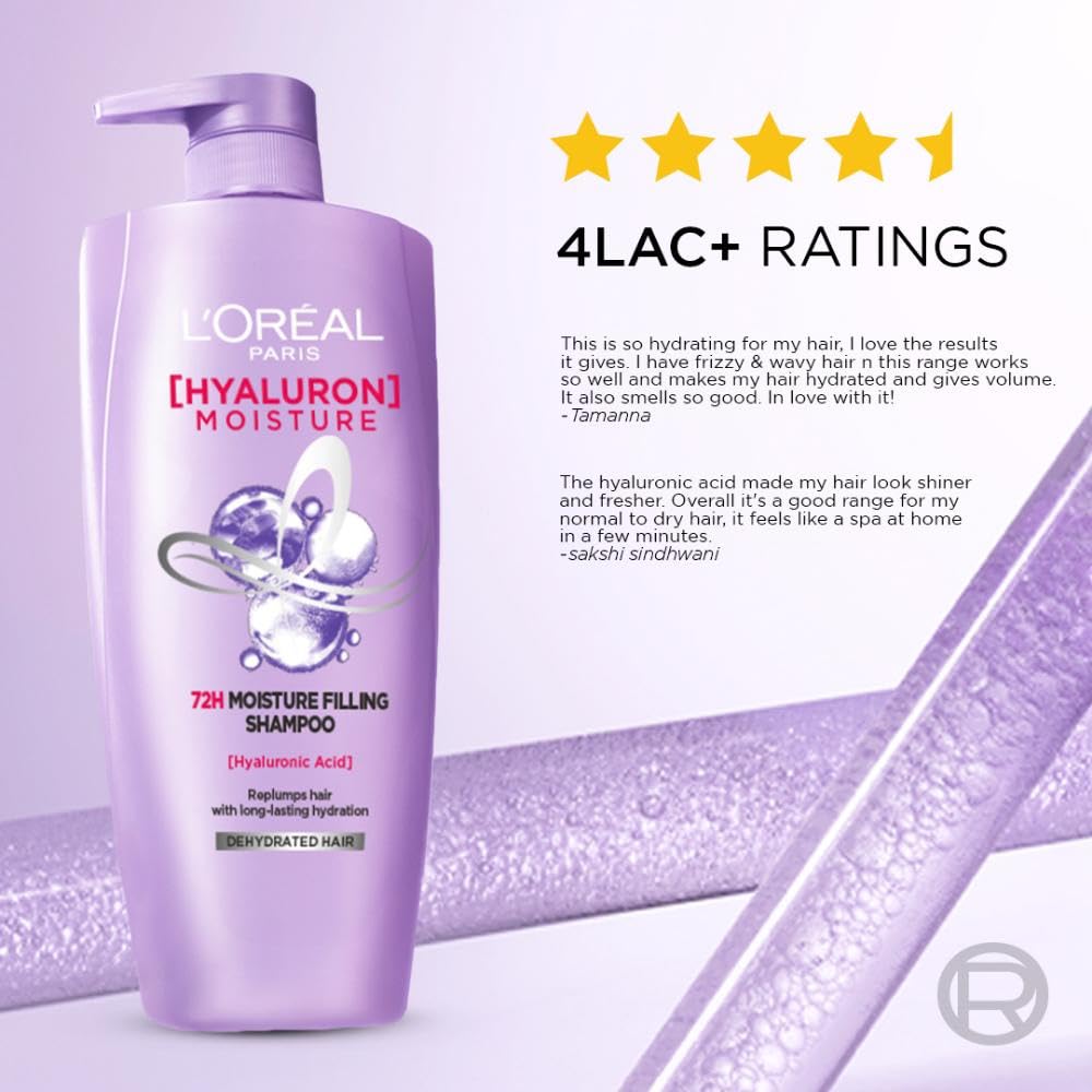 L'Oreal Paris L Oral Moisture Filling Shampoo, With Hyaluronic Acid, For Dry & Dehydrated Hair, Adds Shine Bounce, Hyaluron 72H, 650Ml. | 650Ml 650 ml (Pack of