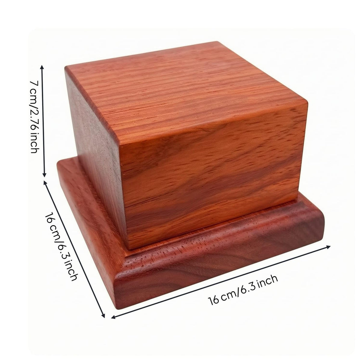 Polished Square Wooden Display Pedestal Versatile Small Wood Display Block with Stepped Base Compact Red Pear Wood Figurine Stand Low-Profile for Collectors, Te