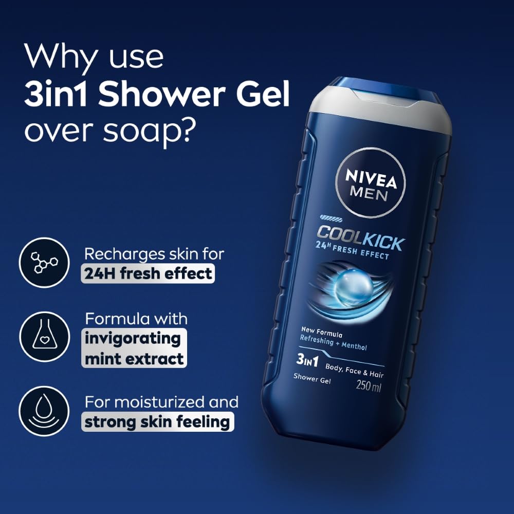 NIVEA MEN Cool Kick 250ml Body Wash| Shower Gel for Face, Body & Hair| Refreshing Icy MENthol|24 H Freshness |For All Skin & Hair Types Menthol 1 count (Pack of