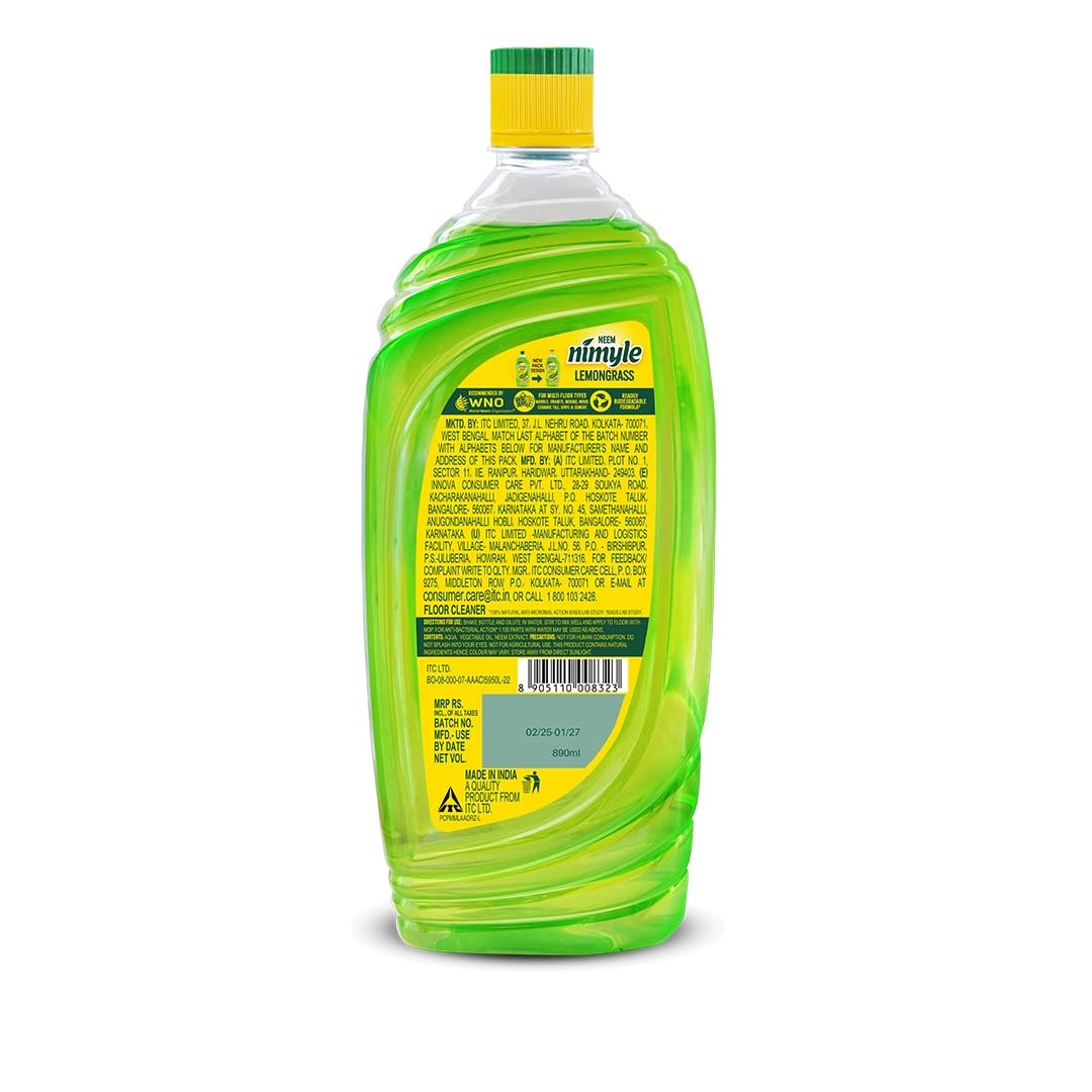Nimyle Floor Cleaner Lemongrass 890ml|100% Natural Action|Power of Neem|99.9% Anti-Bacterial|Fresh Lemongrass Fragrance|Safe for Kids & Pets|Try Complete Range|