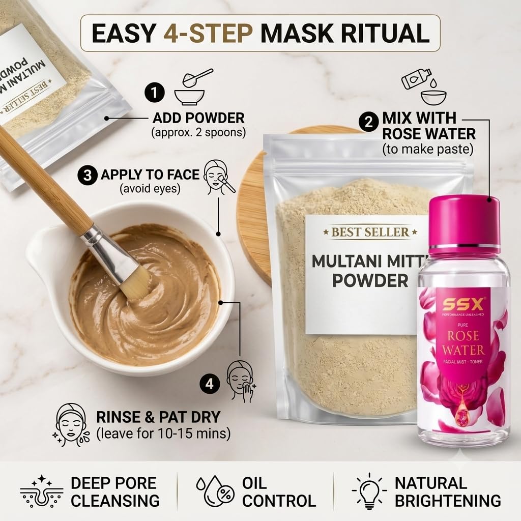 SSX Natural Multani Mitti Powder with Pure Rose Water Combo Pack for Glowing Skin | Face Pack & Facial Mist Toner Kit for Oil Control & Acne