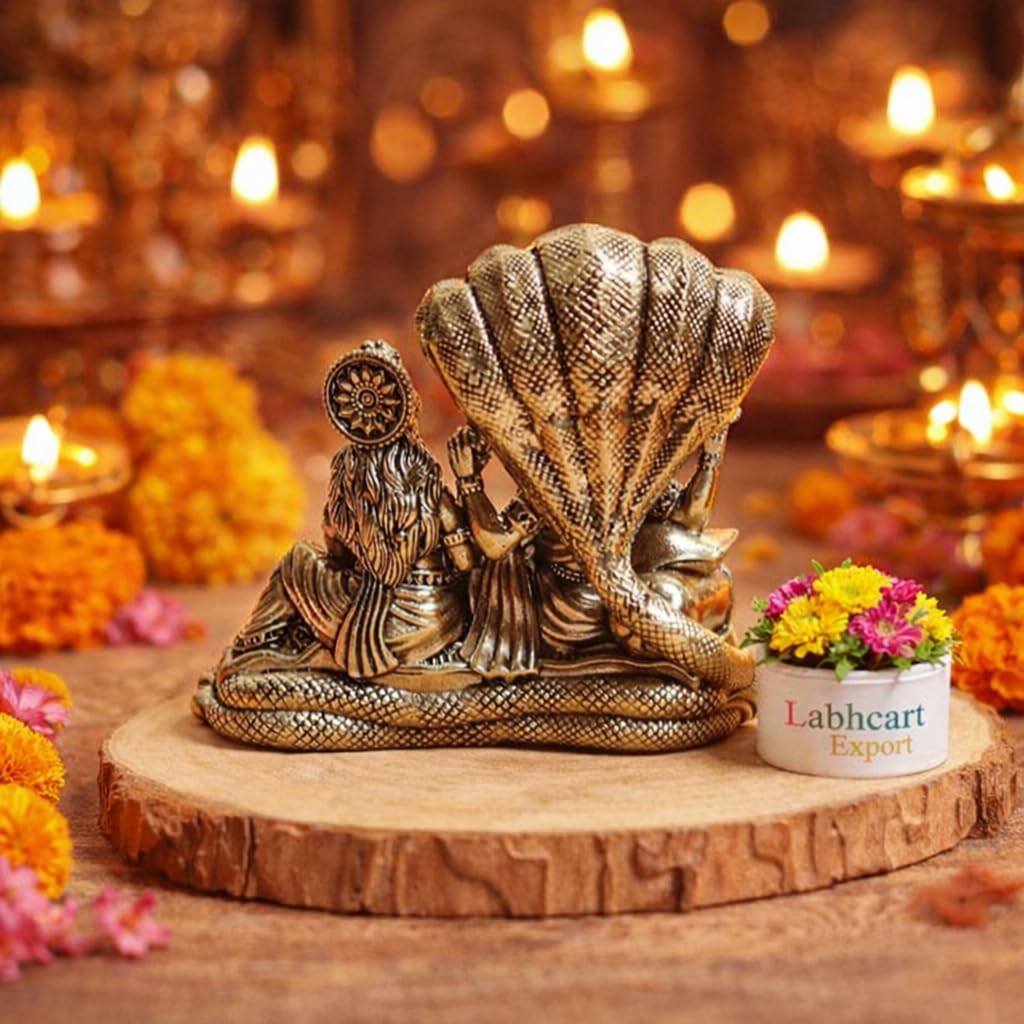 LABHCART Brass Lakshmi Vishnu Idol God Goddess Statues Religious Deity Laxmi Vishnu Resting On Sheshnaag 4 Inches