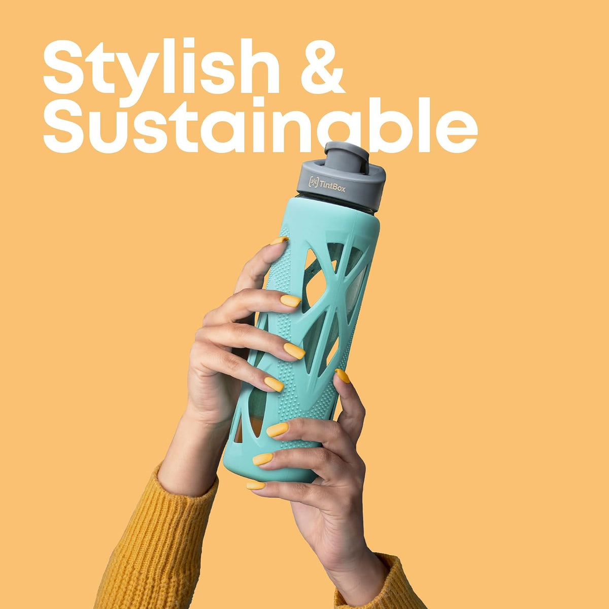 TintBox Borosilicate Glass Water Bottle with Silicone Sleeve | as seen on Shark Tank | perfect for Office, Home, Fridge, Gym, Travel | BPA Free | Power Blue | 7
