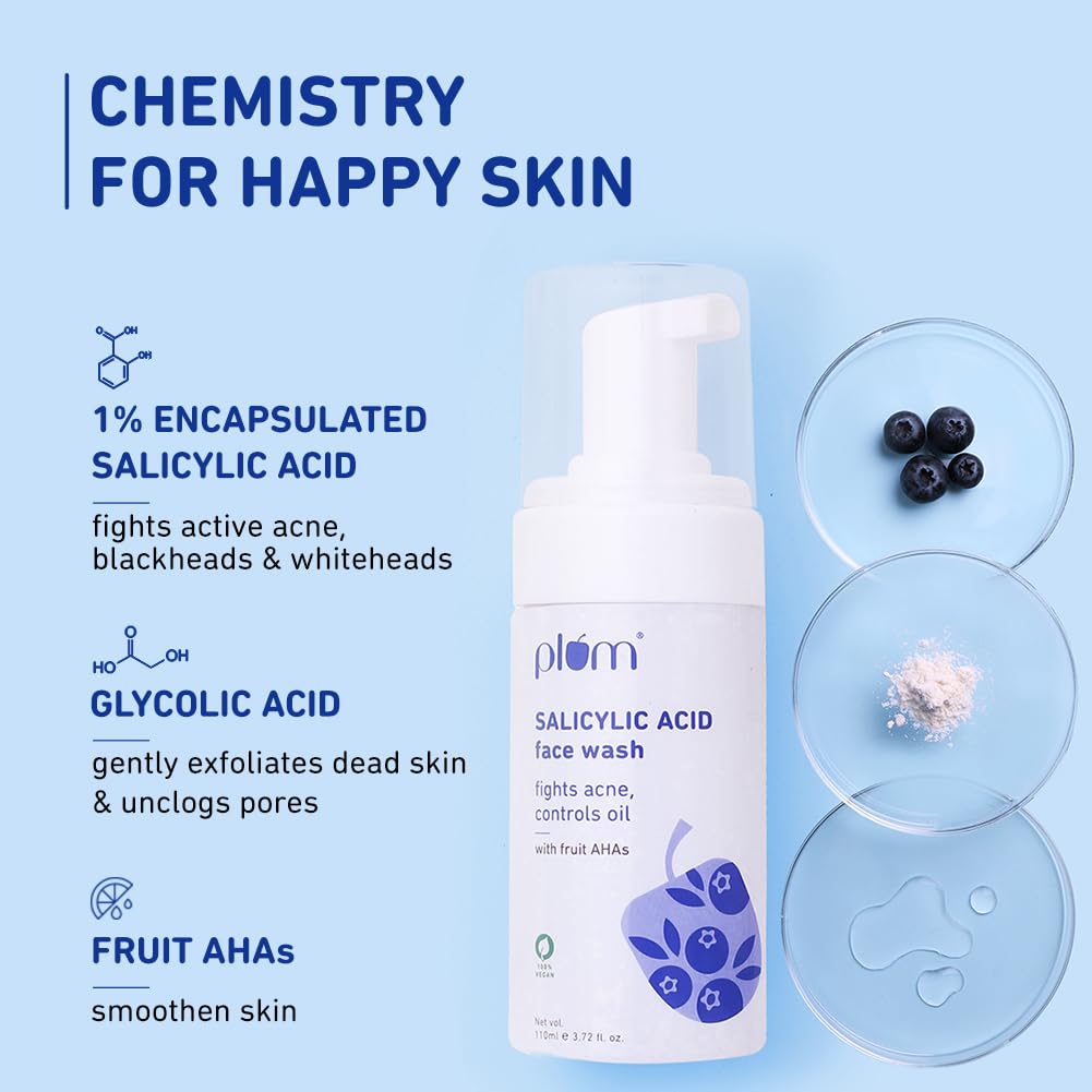 Plum 1% Encapsulated Salicylic Acid Foaming Face Wash | Fights Active Acne, controls oil & deep cleanses pores | with Glycolic Acid & Fruit AHAs | All Skin Type