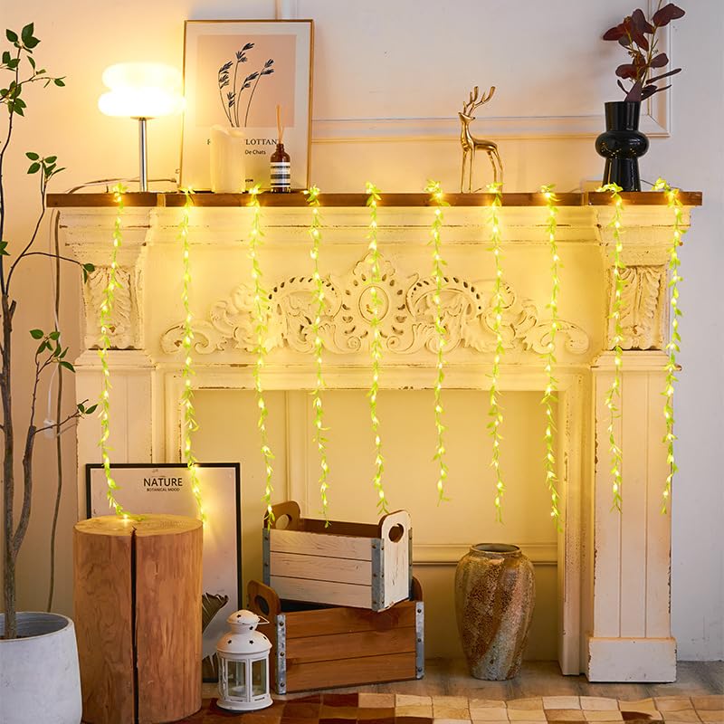 One94Store Artificial Leaf Curtain Lights – 200 LED Warm White Fairy String Lights, 3x1m, Remote Control with 8 Lighting Modes for Home, Wedding, Party, Diwali,