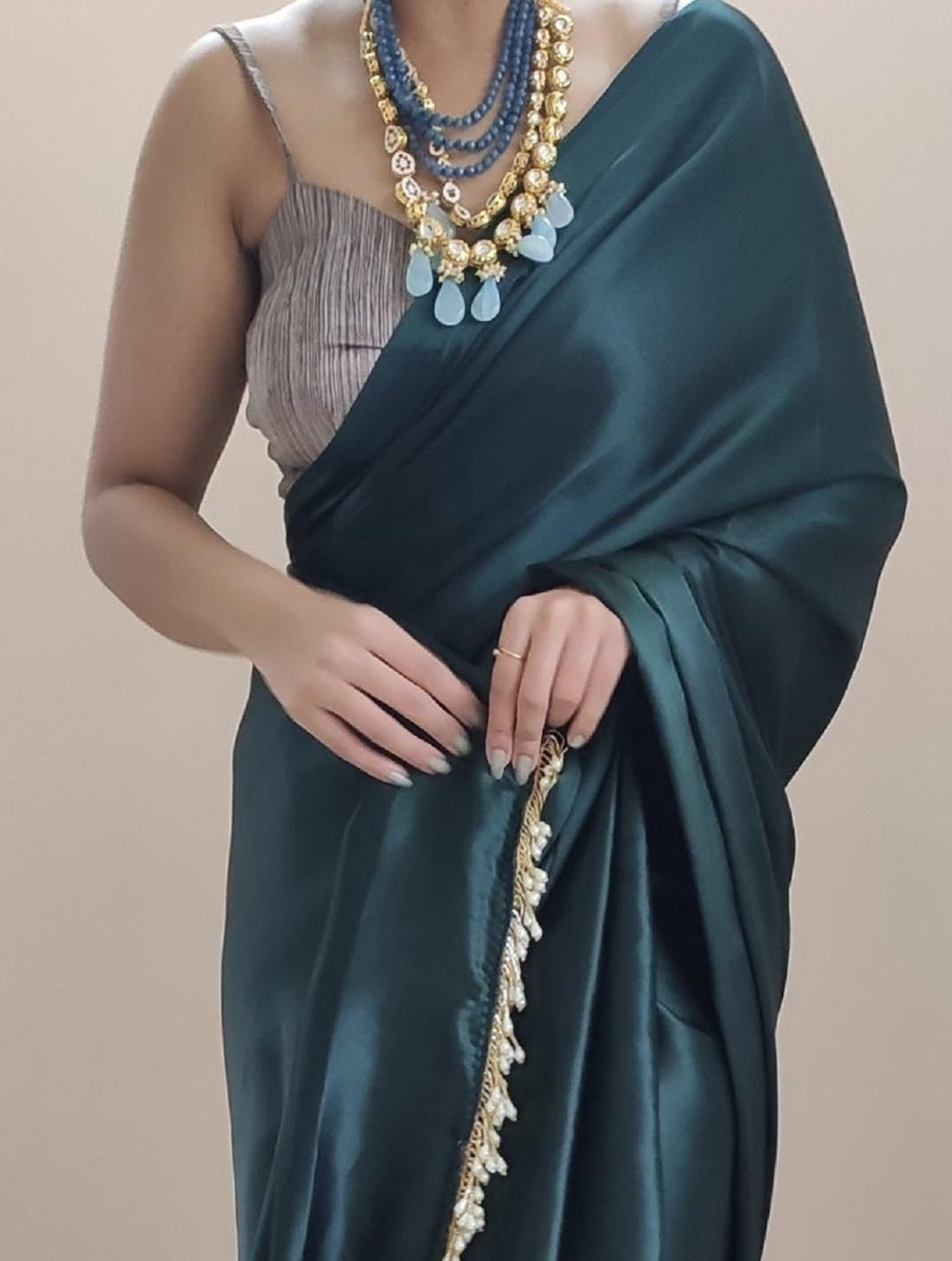 Women's Ready to Wear Satin Silk 1 Minute Pre Pleated Saree with Hand Work Tassels (Blackish Green) Free size Blackish Green
