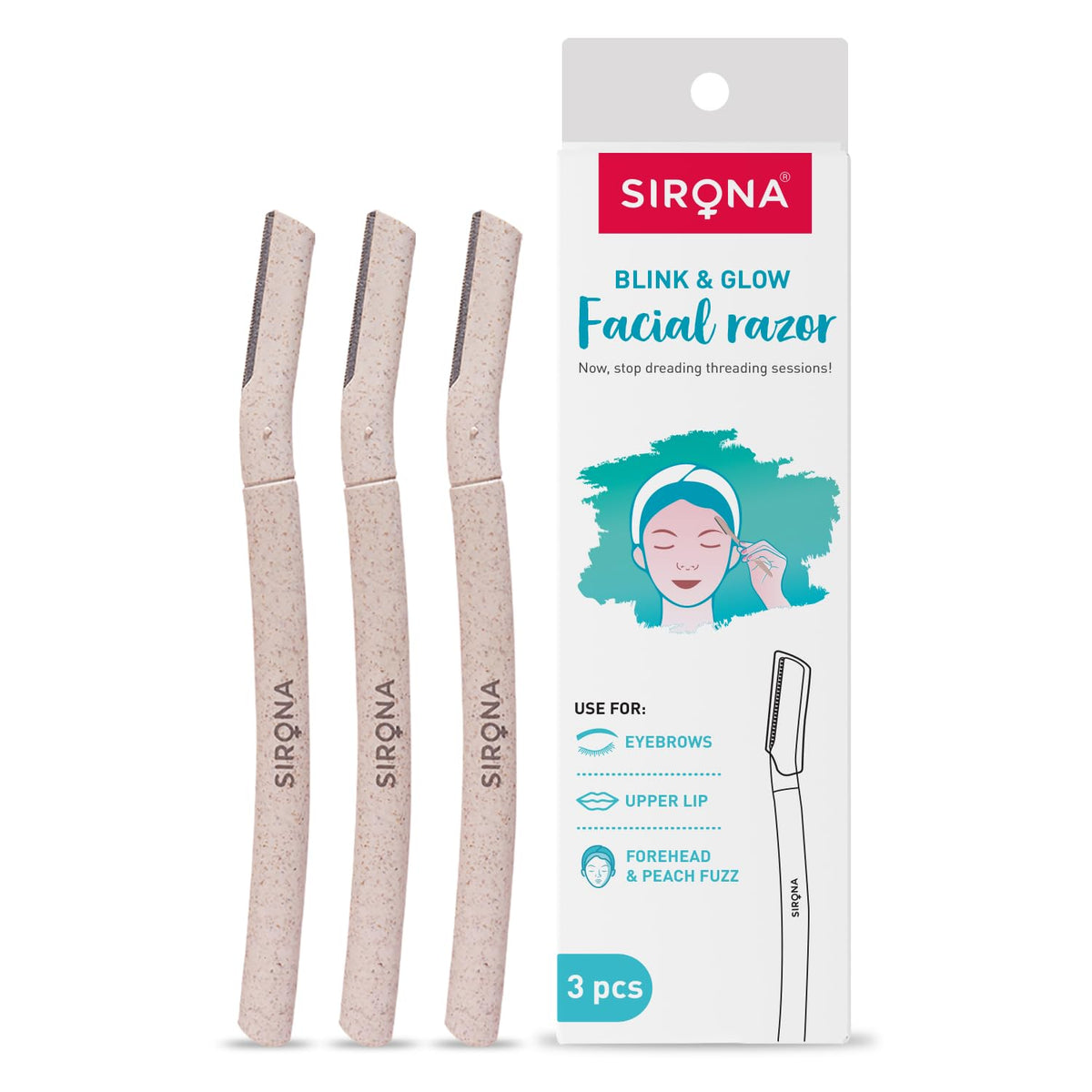Sirona Blink & Glow Face Razor for Women | Dermaplaning Tool for Face | Facial Hair & Peach Fuzz Remover | Anti-slip Grip | German Stainless Steel Blades | Pack