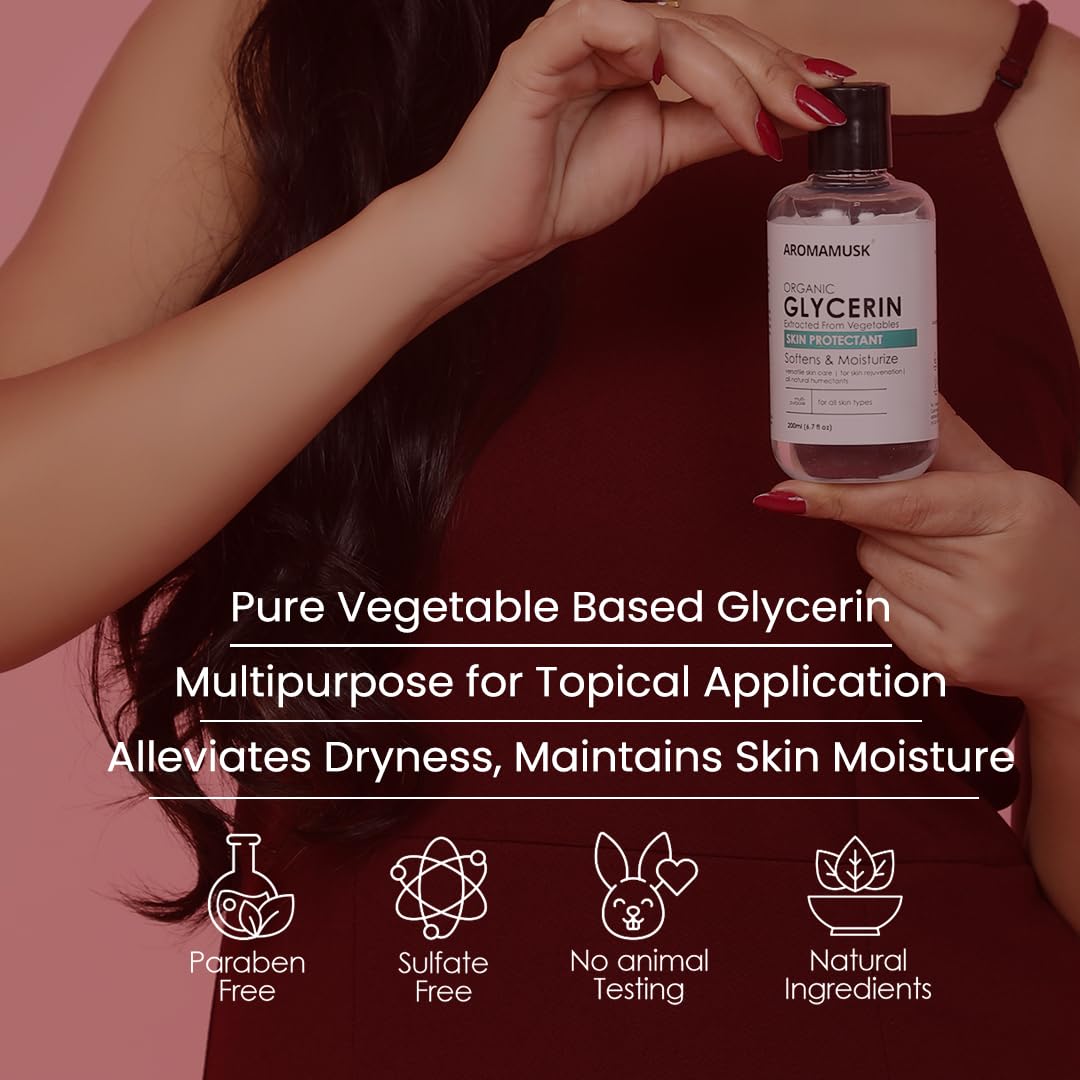 AromaMusk Organic And Pure Vegetable Glycerine For Face | Softens & Moisturizes – Pure & Natural Glycerine Liquid for Face, Beauty and Skin Care - 200ml