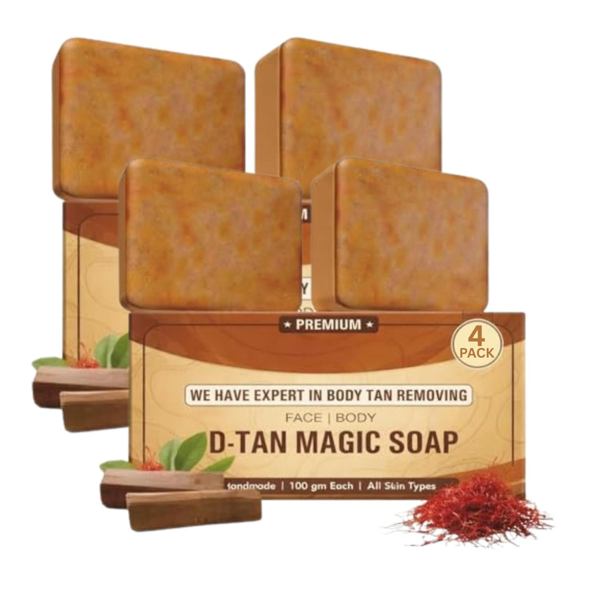 Magic Soap Tan Removal Sandalwood & Saffron Bath Soaps | Paraben Free | Chandan & Kesar | Handmade Soap for Glowing & Skin Brightening for Men & Women 4 Packs
