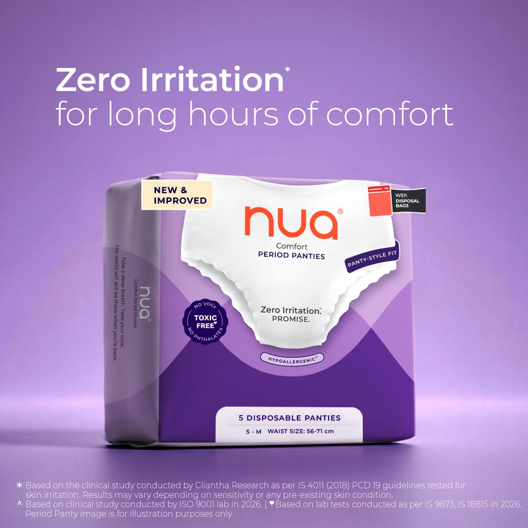 Nua Comfort Period Panties (S-M) | Pack of 5 | Disposable | 360° Coverage | Zero Irritation | 4x Comfort | For Heavy Flow | No rashes | Leakproof | Seamless | 1