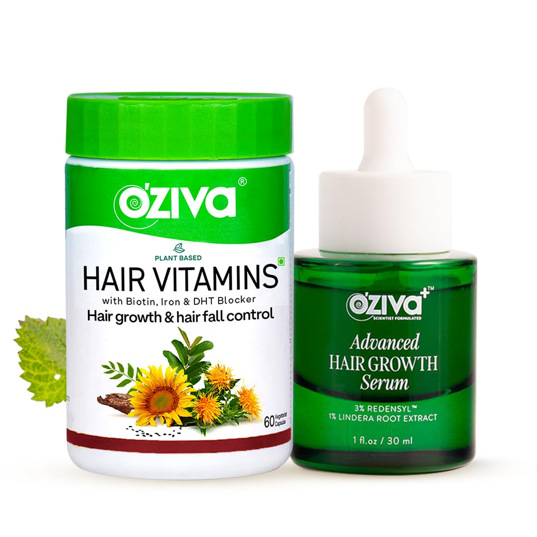 OZiva Hair Vitamin Capsules for Hair Growth & Hair Fall Control, 60 Cap and OZiva+ Advanced Hair Growth Serum with 3% Redensyl & 1% Lindera Root Extract | Balan