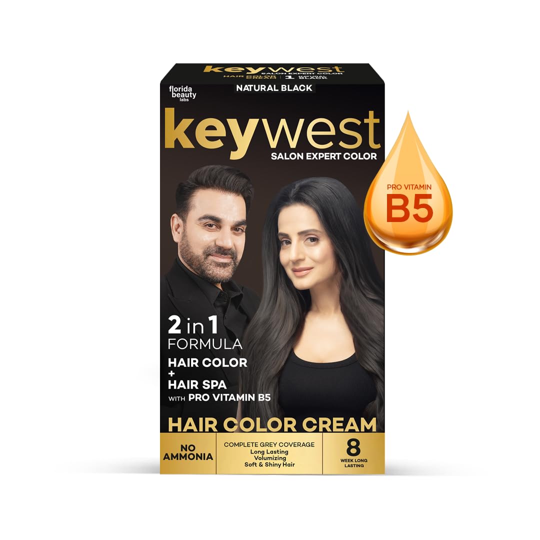 Keywest Crème Hair Colour Natural Black - 130ml (Ammonia Free) | Hair Color Cream | 2in1 Formula Hair Color + Hair Spa with Pro Vitamin B5