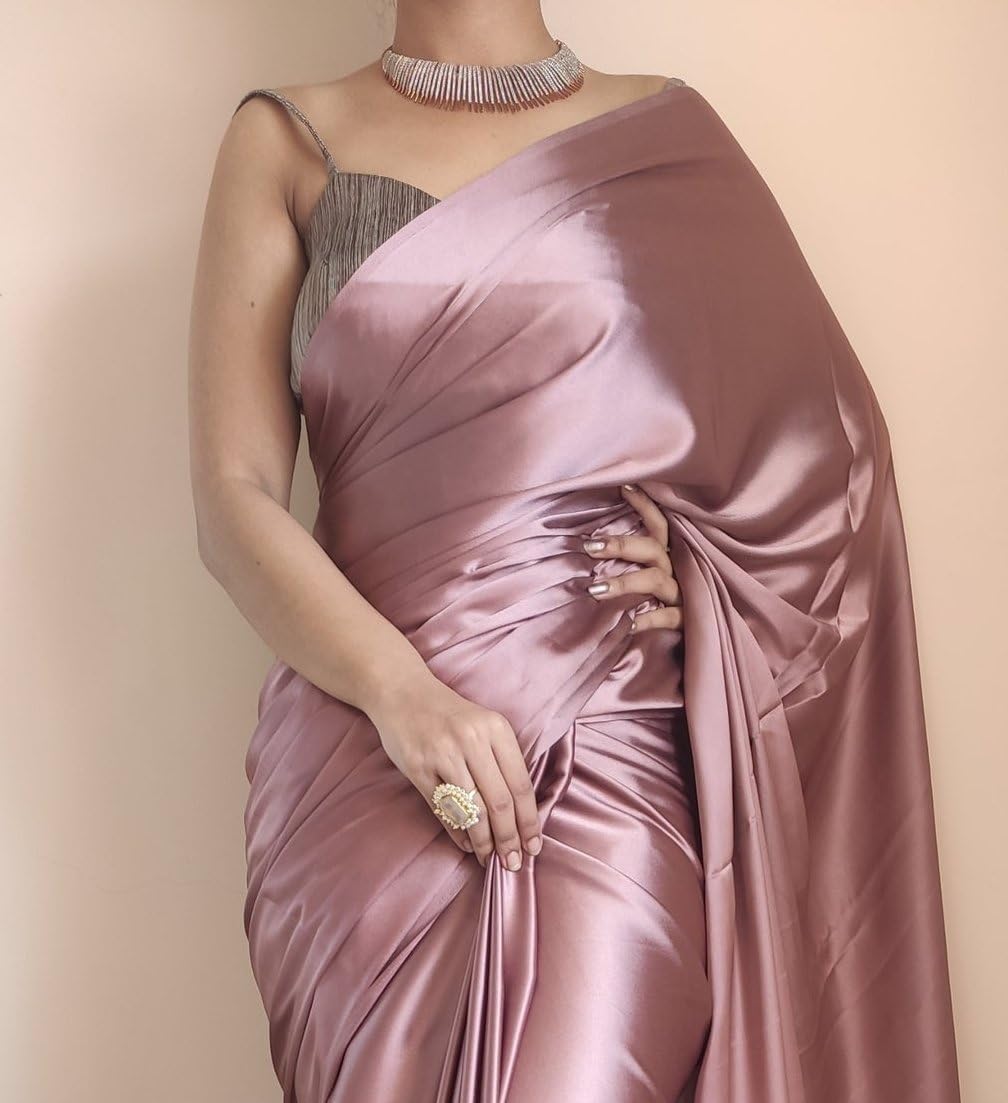 Women's Soft Satin Saree Bollywood Designer Hand Work Tassels With Unstiched Blouse (Rose Gold)