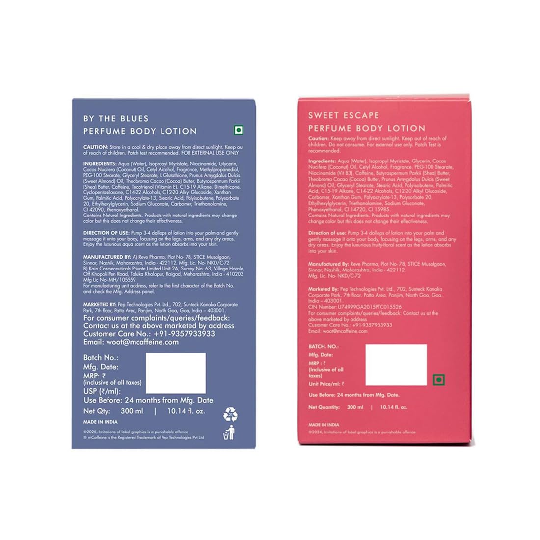 mCaffeine By the Blues Brightening Perfume Body Lotion & Sweet Escape Perfume Body Lotion | Niacinamide, Cocoa & Shea Butter | Deeply Moisturizes, Evens Skin To