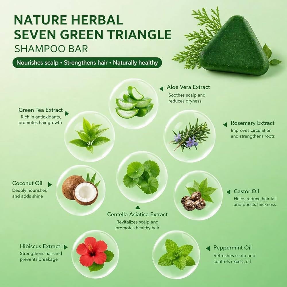 Nature Seven Herbal Soap Bar, Green, Triangle Shape, 3 Pack