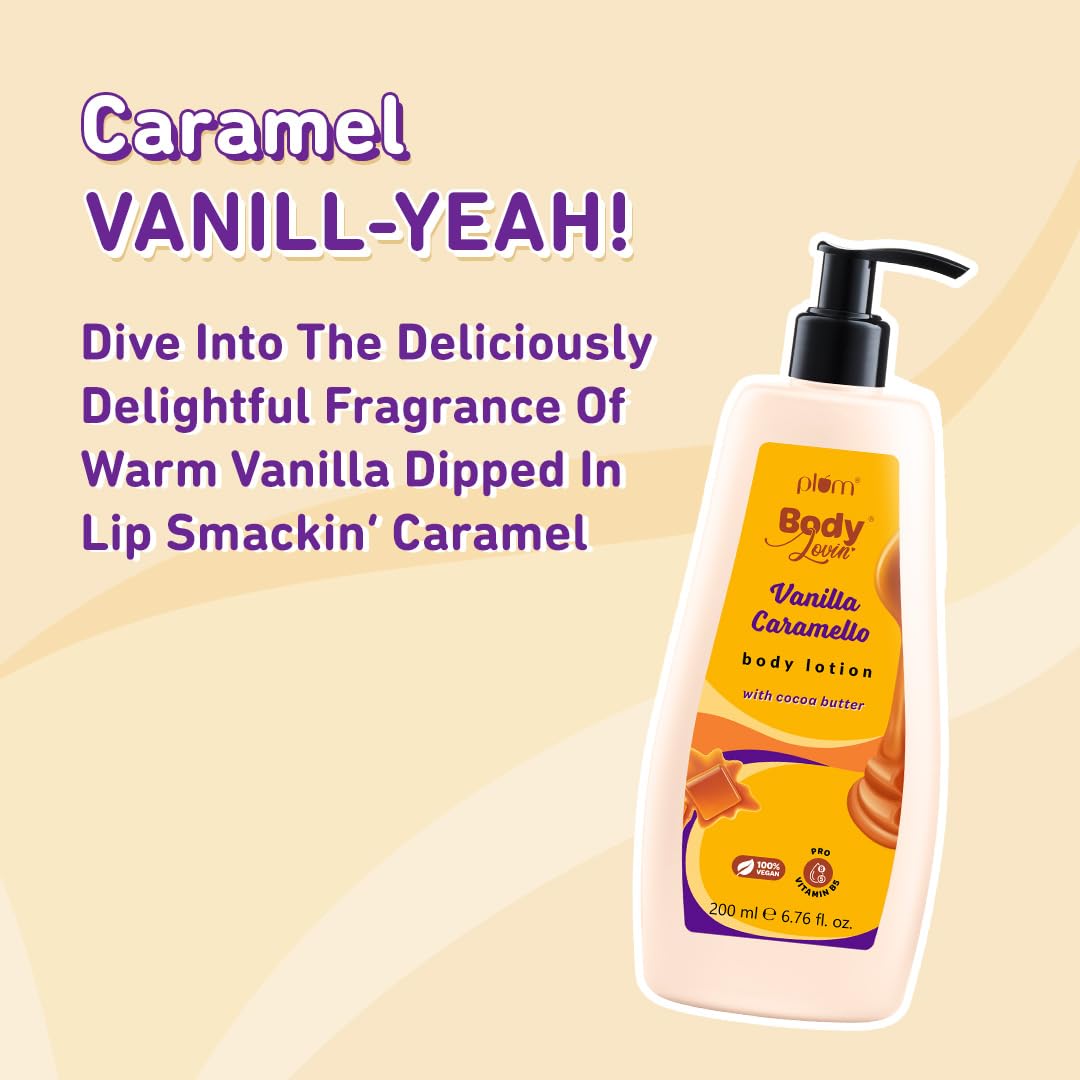 Plum BodyLovin' Vanilla Caramello Body Lotion | Cocoa Butter & Vitamin B5 for Deep Moisturization | Non-Greasy | Soft & Glowing Skin | for Dry to Very Dry Skin | Warm & Cozy Vanilla Fragrance – 200ml