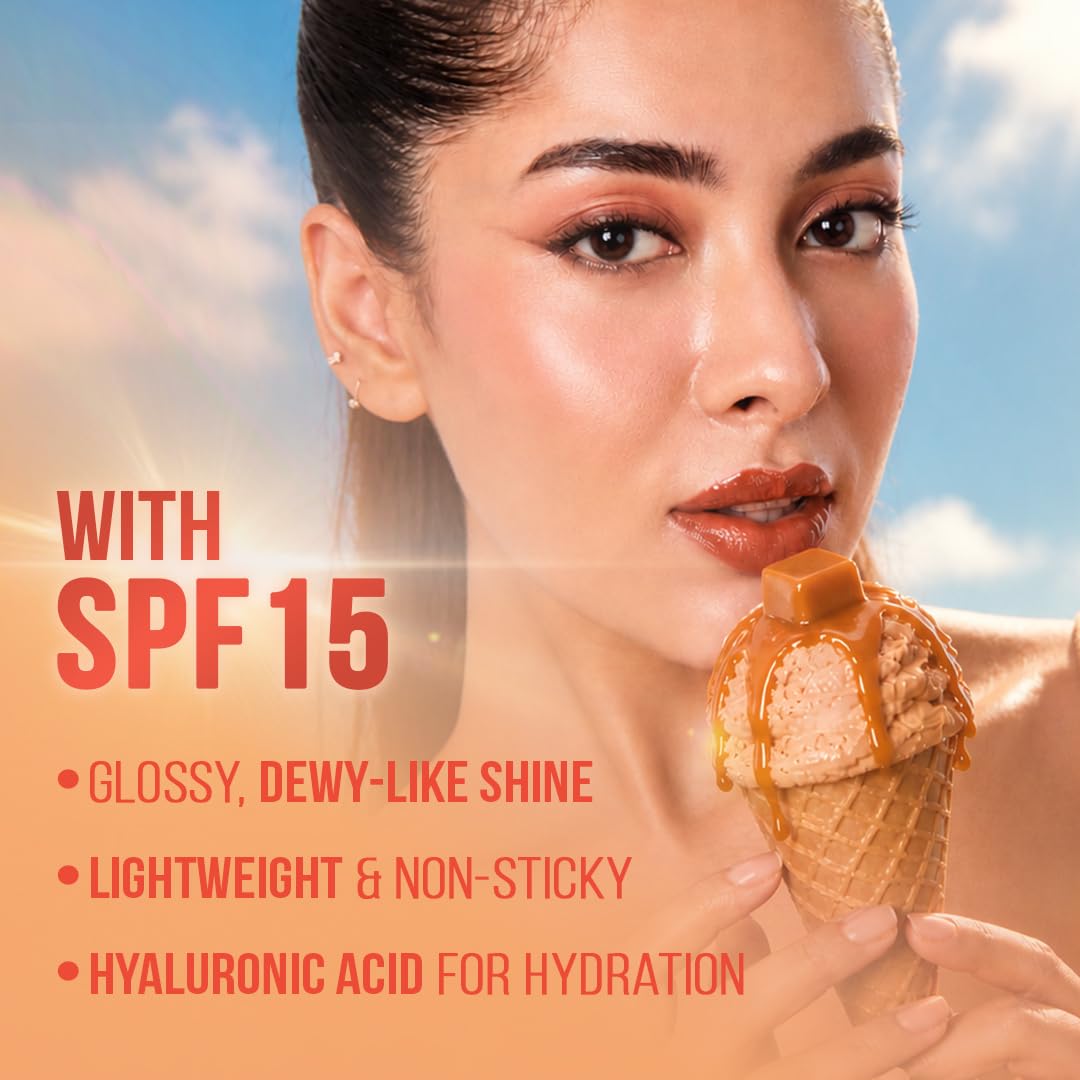 Staze Y.U.M.M.Y Lip Gloss Balm | 3-in-1 Gloss + Tint + Balm | High-Shine Glossy Finish | With SPF 15 | Non-sticky Formula with Hyaluronic Acid & Shea Butter | 01 Salted Caramel | 2g