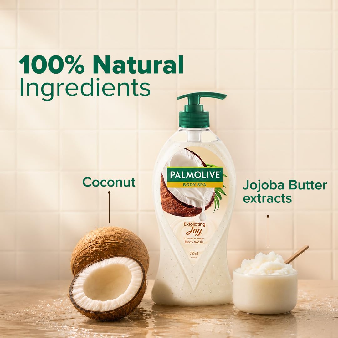 Palmolive Exfoliating Joy Bodywash for Women & Men, 750ml Crème Based Shower Gel Crushed Coconut & Jojoba Butter Extracts For Smooth Skin, PH Balanced Bodywash,