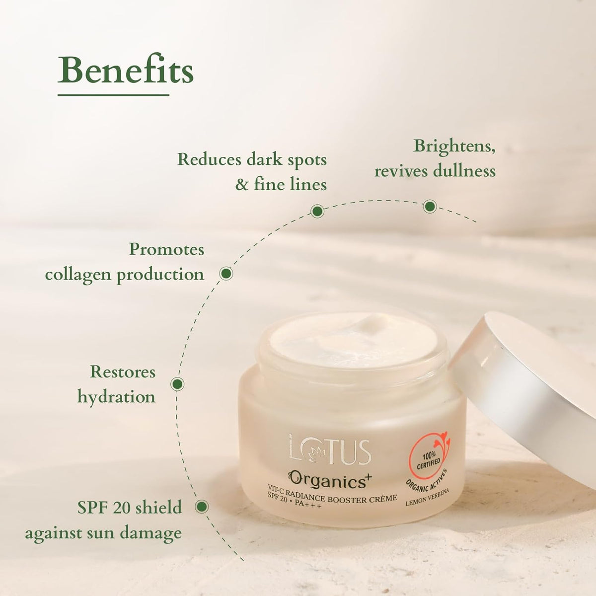 Lotus Organics+ Vitamin C Radiance Booster Face Cream | 100% Certified Organic Lemon Verbena | Boosts Collagen & Deeply Moisturises | SPF 20 PA+++ | All Skin Ty