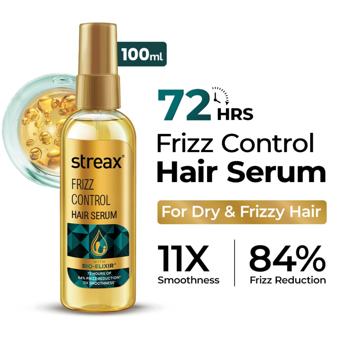 Streax Frizz Control Hair Serum for Dry Frizzy Hair- 100 ml, 72hrs Frizz Free Hair, For Women & Men, With Bio – Elixir, 84% Frizz Reduction & 11X smoothness 100
