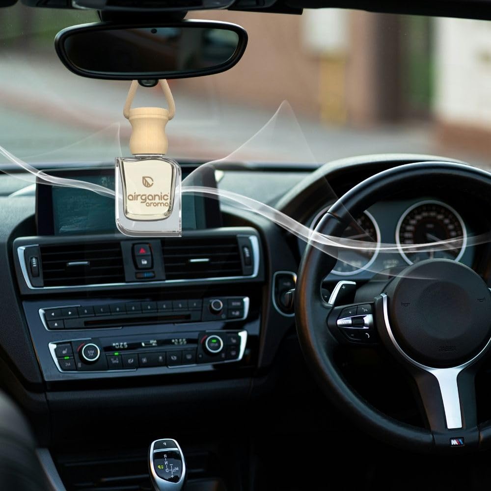 Airganic Swing Prime Car Perfume Hanging Pod-Musk, Sandalwood & Cool aqua Water-Pack 3| Car Air Freshener|Fragrance Oils in Glass Bottle with Wooden Diffuser Li