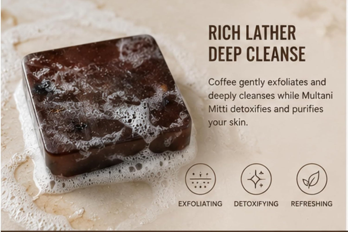 Coffee Multani Mitti Handmade Soap Natural Skin Cleansing Bath Bar for Oily Skin Tan Removal Deep Cleansing Soap .Natural Skin Cleansing, For Oily Skin, Tan Rem