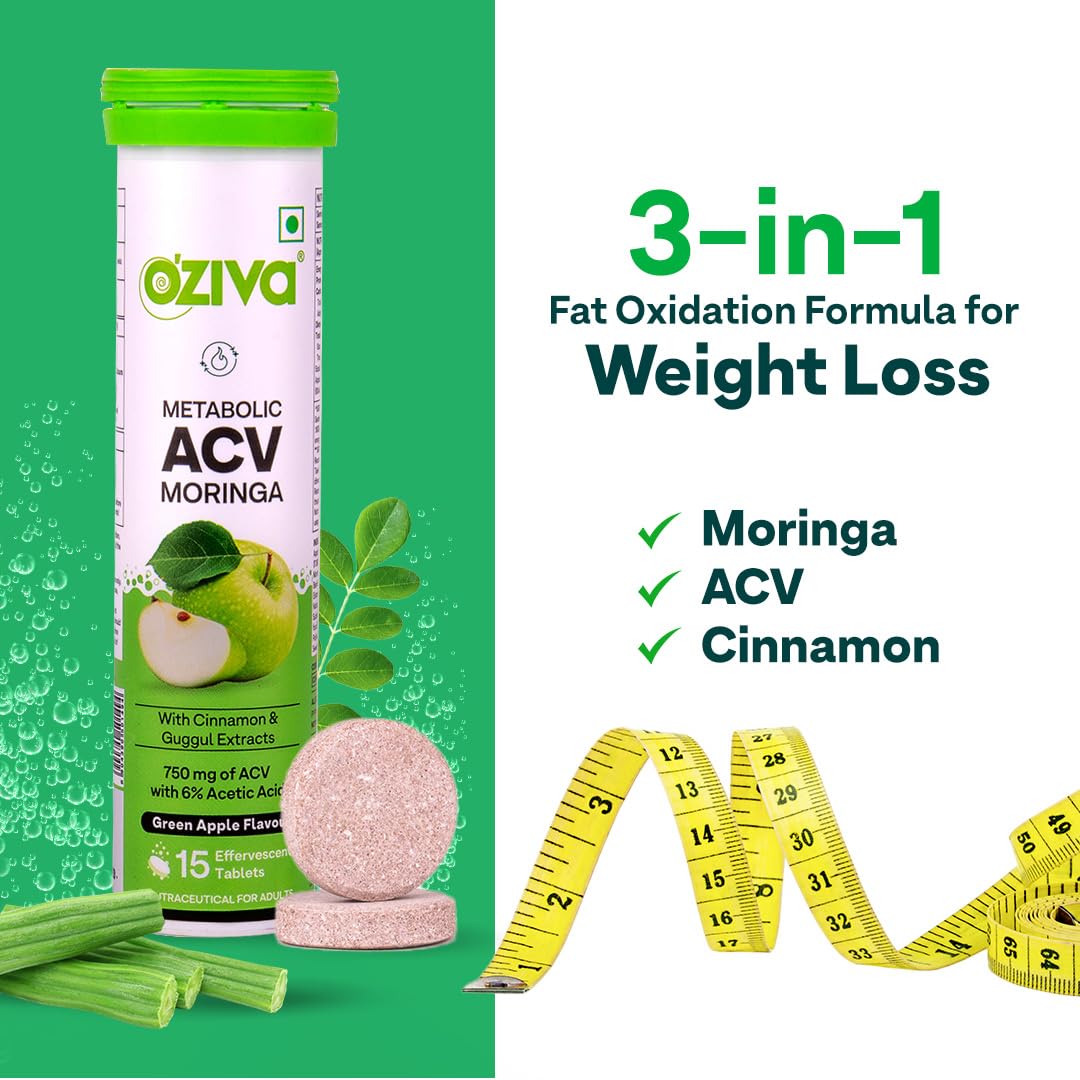 OZiva ACV Moringa,15 Effervescent Green Apple & Lemon Masala, Pack of 2