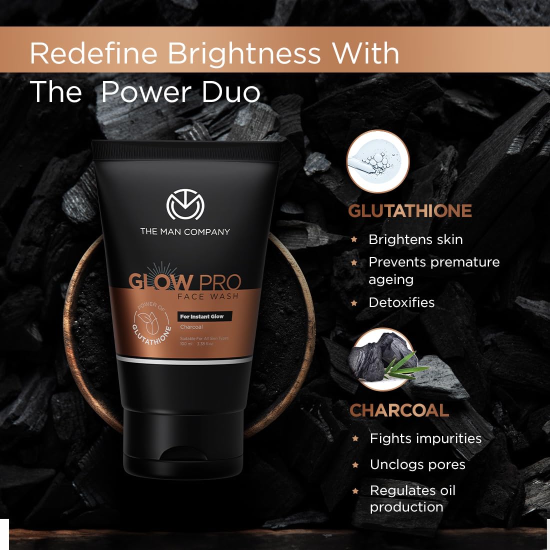 The Man Company Glow Pro Face Care Kit | Face Wash, Face Scrub & Moisturising Face Cream | Cleanses, Exfoliates & Moisturises | Charcoal, Glutathione, Cocoa But