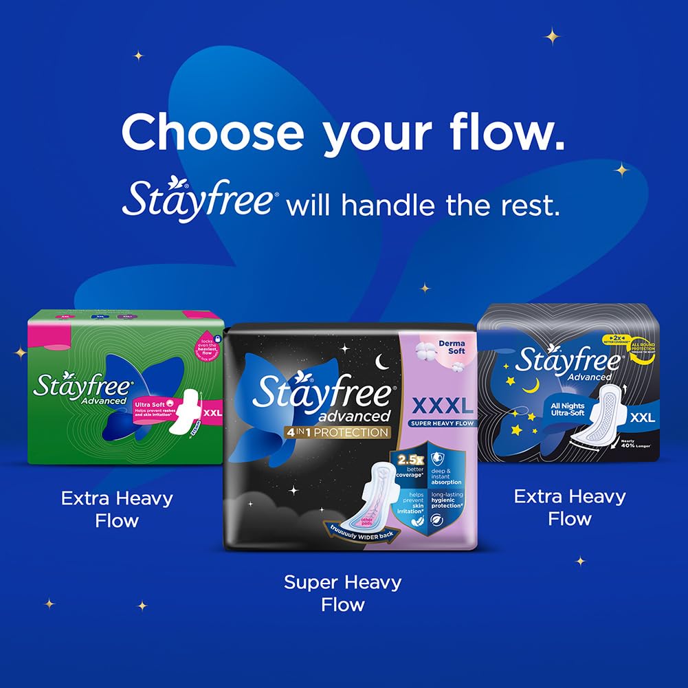 Stayfree Advanced XXXL Thin Sanitary Pads for Women | 16 Soft Cotton Pads for All Night Ultra Comfort | Absorbs 2x More with Wider Back | Prevent Rashes | Odour