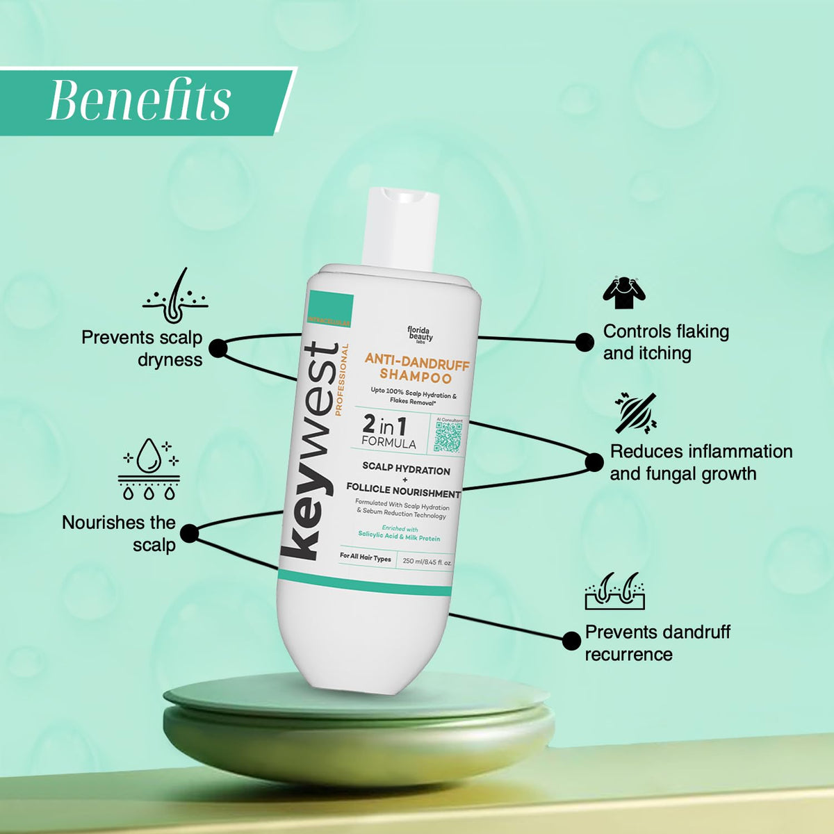 Keywest Professional Anti Dandruff Shampoo 250ml for Women Men All Hair Types | Prevents Dandruff Recurrence & Scalp Dryness | Controls Flaking & Itching