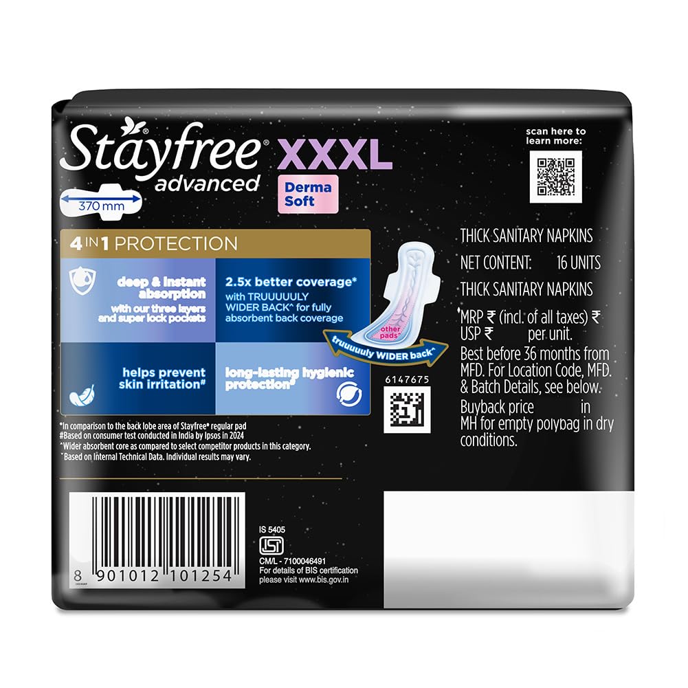 Stayfree Advanced XXXL Thin Sanitary Pads for Women | 16 Soft Cotton Pads for All Night Ultra Comfort | Absorbs 2x More with Wider Back | Prevent Rashes | Odour