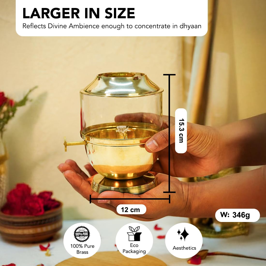 Ekhasa 100% Pure Brass Akhand Jyot Diya with Adjustable Bati Knob, Wick Lifting Screw Lever, Glass Cover (Large Size, 250 ml Oil Capacity, Stay Lit for 48 Hours
