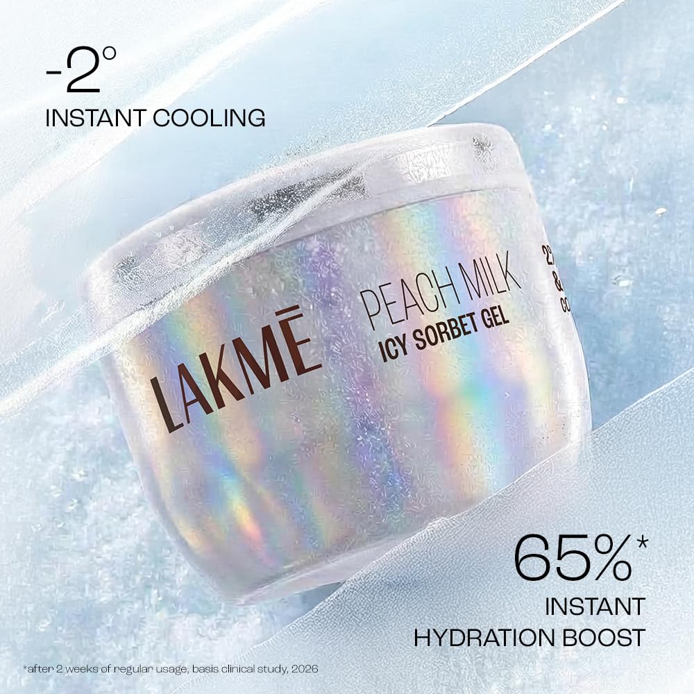 Lakmē Peach Milk Icy Sorbet Gel: First Ever Cooling Face Moisturizer with 2% Pro-Ceramides, Peptides & Pentavitin for Instant Ice-Plunge Glow & 24hr Barrier Rep