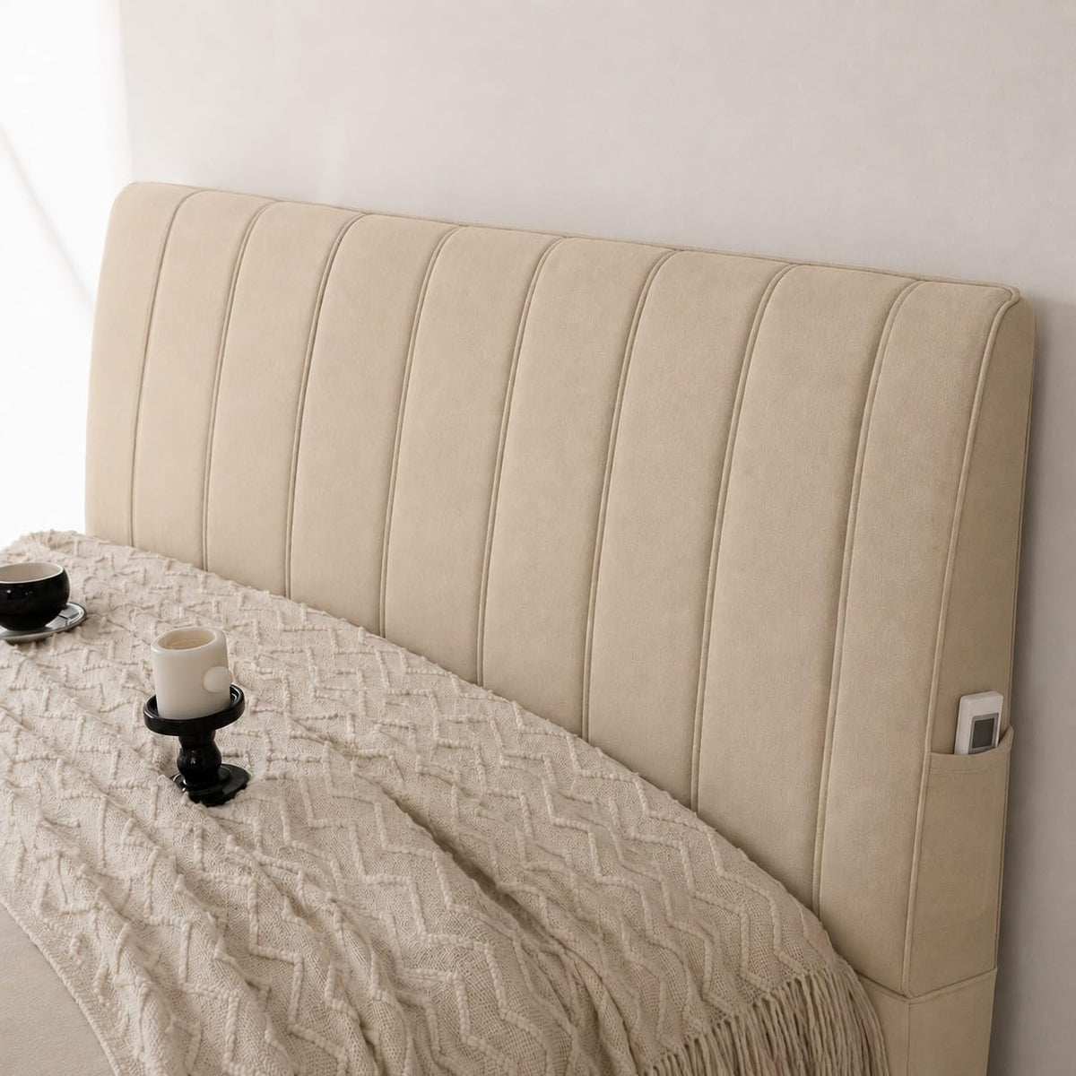 HOMETHREADS Velvet Headboard Cover with Light 6–8mm Foam Padding | Fits Bed Back Only | Measure Length & Height Before Buying | Soft Backrest Protector | Beige,
