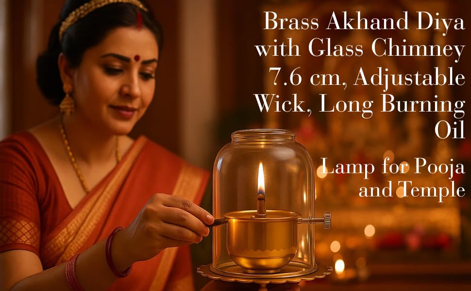 Brass Akhand Diya with Glass Chimney, 7.6 Cm, Adjustable Wick, Small Size Lamp for Pooja and Temple|akhand Diya with Adjustable bati