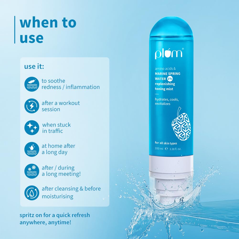 Plum 1% Marine Spring Water Replenishing Toning Mist Spray with Amino Acids | Hydrates, Cools & Revitalizes | with Active Minerals | On-the-go Soothing Face Mis