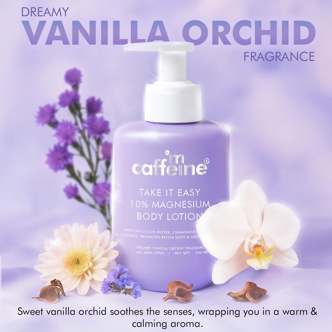mCaffeine 10% Magnesium Body Lotion 300ml | Stress-Relief & Better Sleep | Mild Vanilla Orchid Fragrance Calms & Soothes | 3% Cocoa Butter, Non-Greasy, Deep Moi