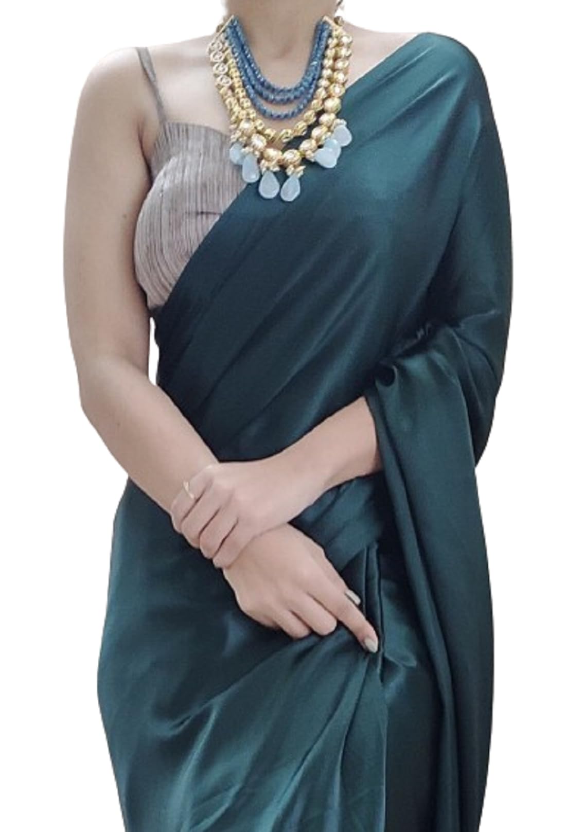 Women's Ready to Wear Satin Silk 1 Minute Pre Pleated Saree with Hand Work Tassels (Blackish Green) Free size Blackish Green