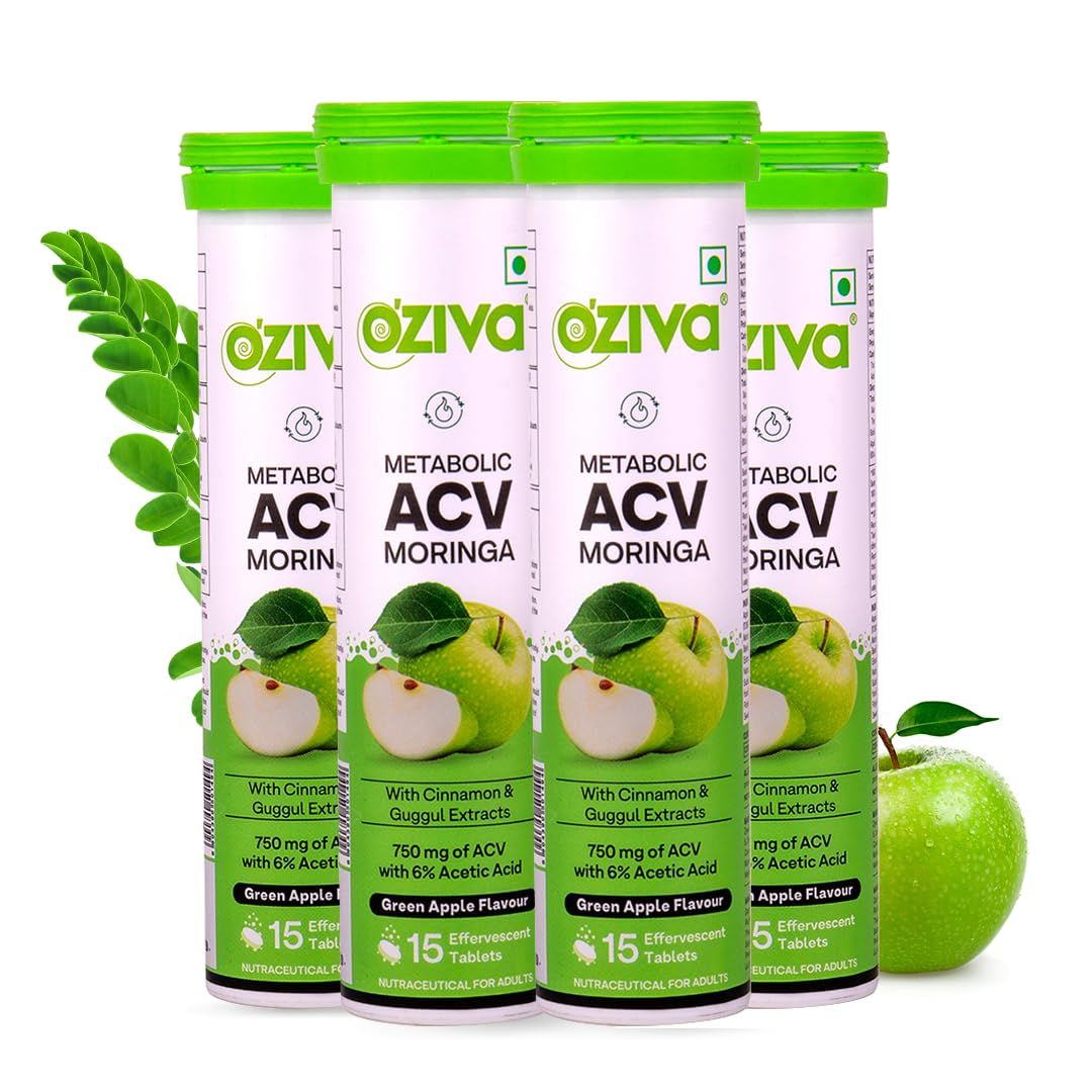 OZiva ACV Moringa Apple Cider Vinegar Tablets, Green Apple, Pack of 4 15 count (Pack of 4)
