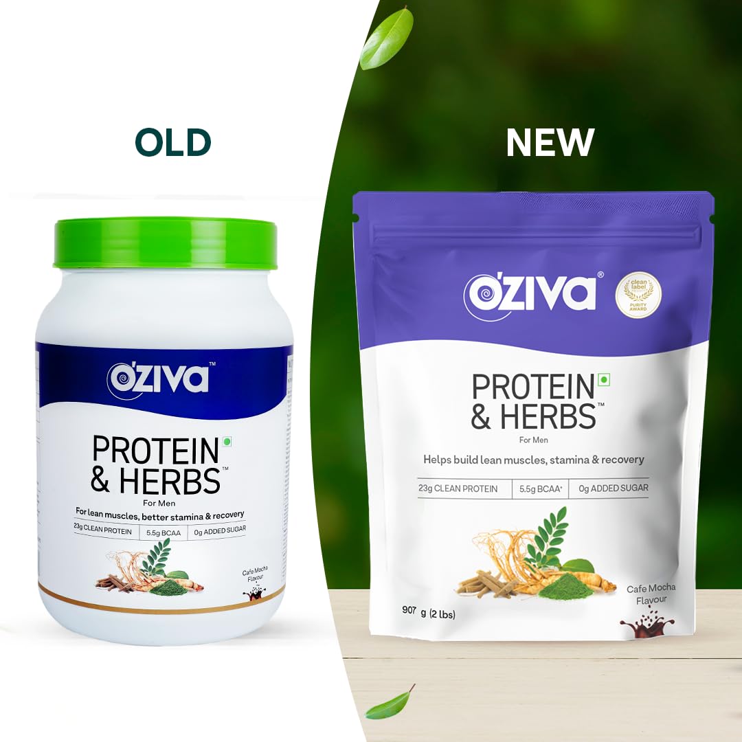 OZiva Protein & Herbs for Men, No Added Sugar, Green Tea, Cafe Mocha, 907G
