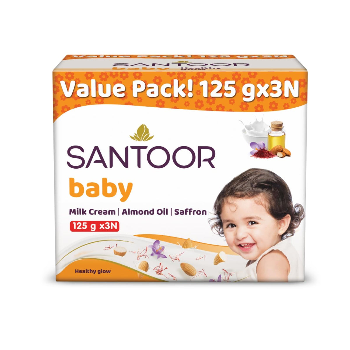 Santoor Baby Bathing Bar Soap with Milk Cream, Saffron, & Almond Oil for Soft & Supple Skin| Gentle & Rich Lathering Formula with Mild Fragrance| 125gx3 Almond
