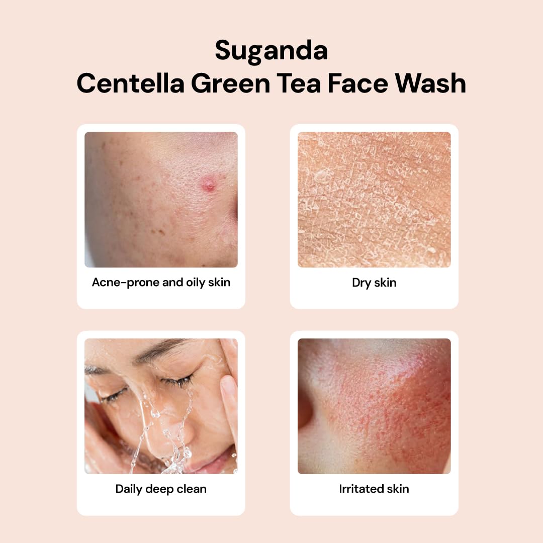 Suganda Centella Green Tea Face Wash | Gentle Hydrating Cleanser with Panthenol & CICA | Sulfate-Free Daily Face Wash for Oily, Sensitive & Acne-Prone Skin | Removes Dirt, Oil & Makeup | 120 ml