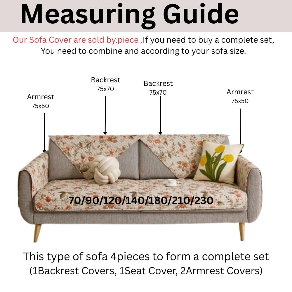 HOMETHREADS Anti-Skid Sofa Protector Mat: Premium Printed Cotton Slipcover with Strong PVC Non-Slip Backing (Beige, 2 Seater | 140x75cm) Beige 2 Seater | 140x75